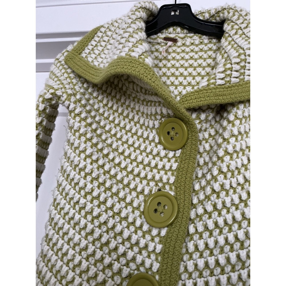 Women's Free People chunky buttoned knit sweater, green & white, Sz XS - Picture 2 of 6